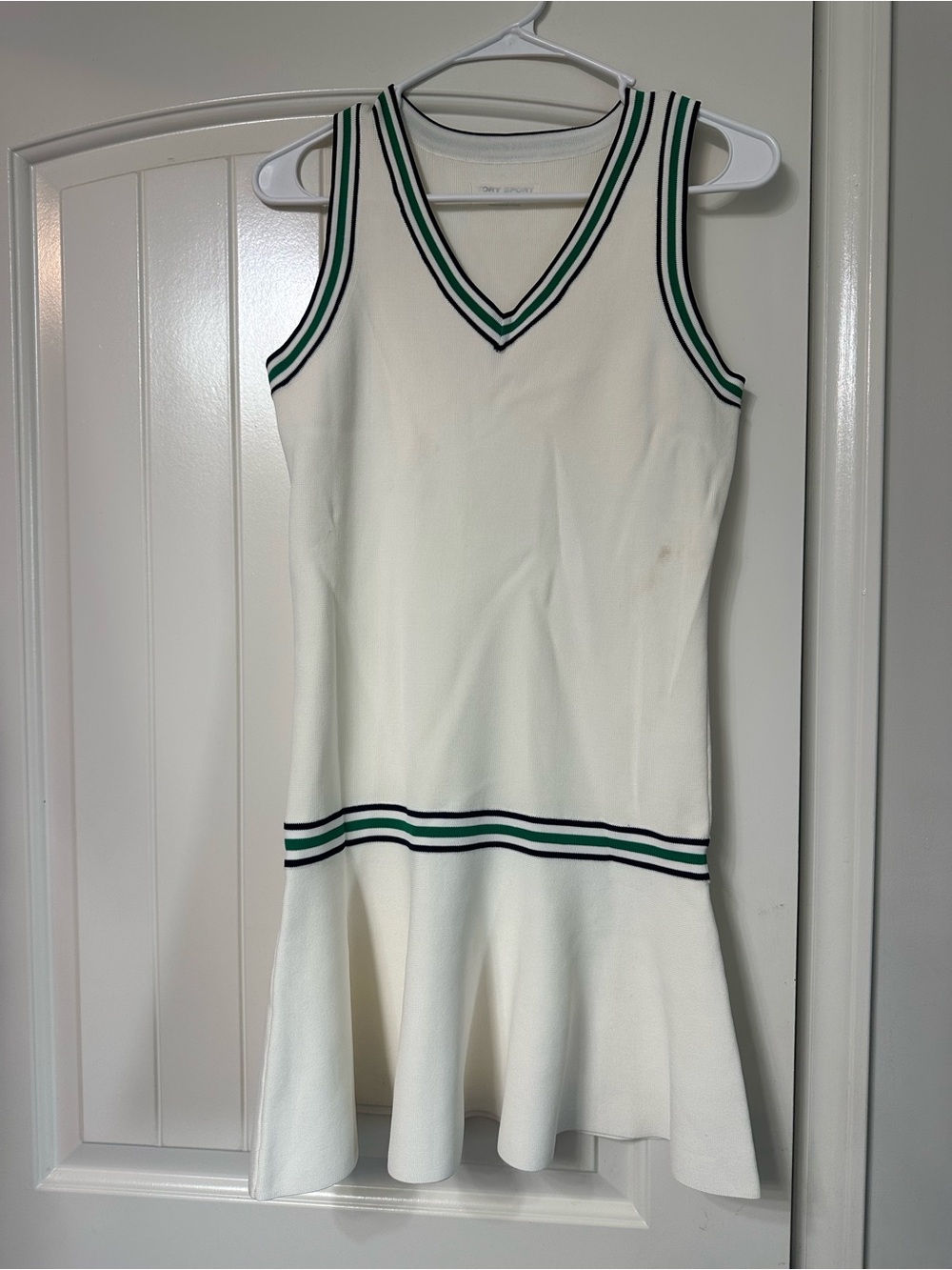 Tory Burch White Sleeveless V-Neck Tennis Dress with Green & Black Stripes